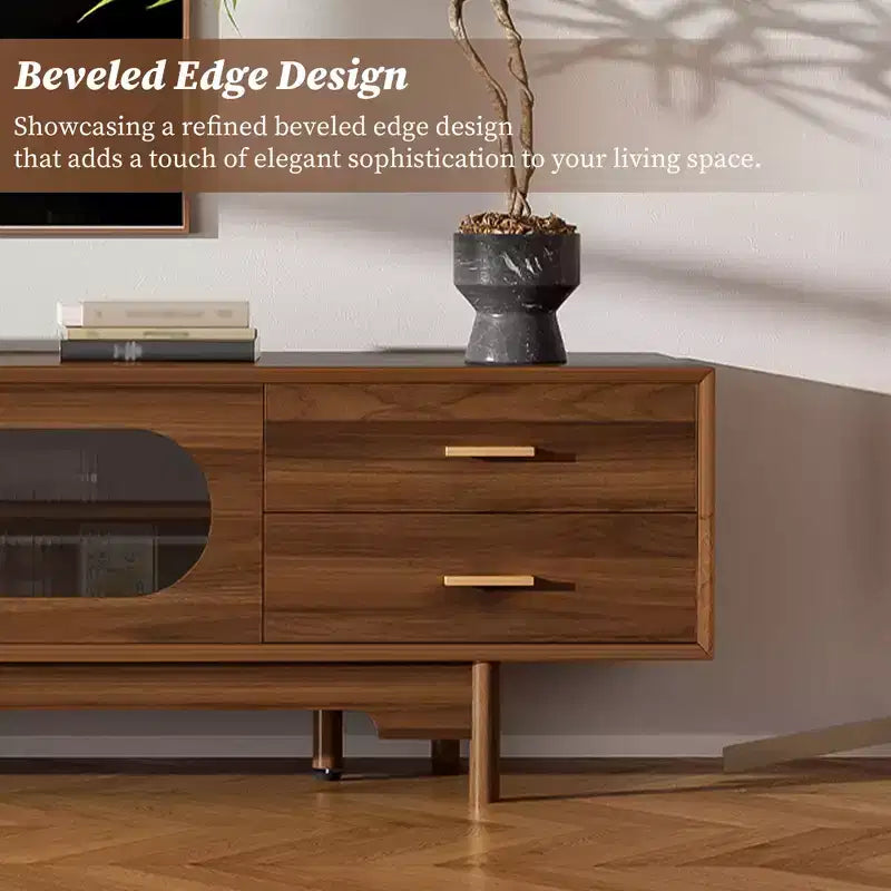 Meuble TV pour téléviseurs jusqu'à 85 pouces, meuble TV console média de style moderne du milieu du siècle avec portes en verre cannelé et 2 tiroirs, Noyer - ModernLuxe