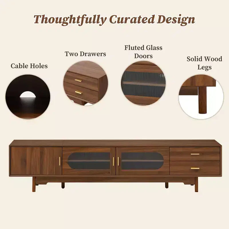 Meuble TV pour téléviseurs jusqu'à 85 pouces, meuble TV console média de style moderne du milieu du siècle avec portes en verre cannelé et 2 tiroirs, Noyer - ModernLuxe