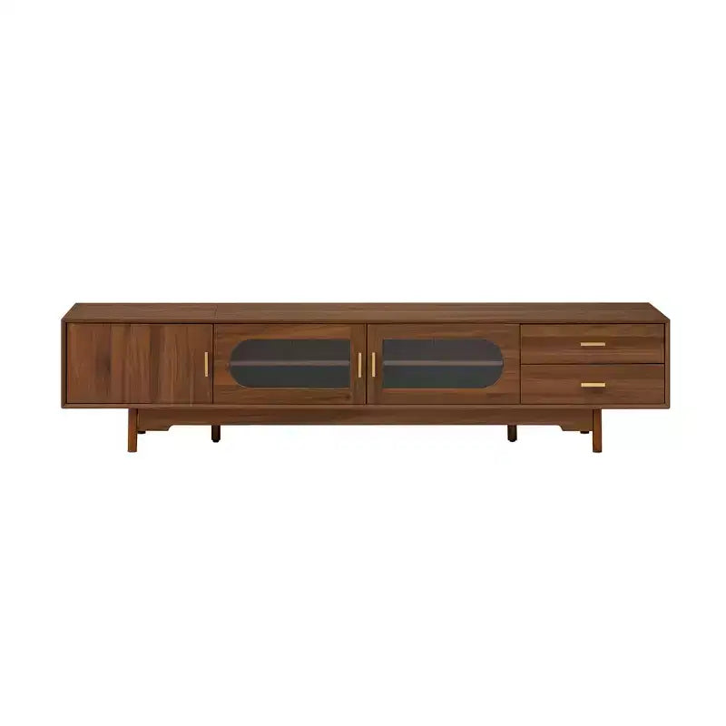 Meuble TV pour téléviseurs jusqu'à 85 pouces, meuble TV console média de style moderne du milieu du siècle avec portes en verre cannelé et 2 tiroirs, Noyer - ModernLuxe