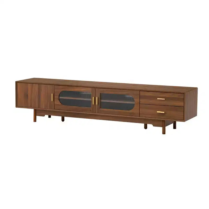 Meuble TV pour téléviseurs jusqu'à 85 pouces, meuble TV console média de style moderne du milieu du siècle avec portes en verre cannelé et 2 tiroirs, Noyer - ModernLuxe