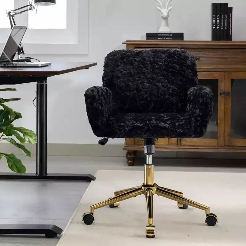 Chaise de bureau chic TUYOHW, chaise de vanité en poil de lapin artificiel, chaise de bureau pivotante à 360° avec base en métal doré, chaise d'ordinateur de 50 à 59 cm de hauteur