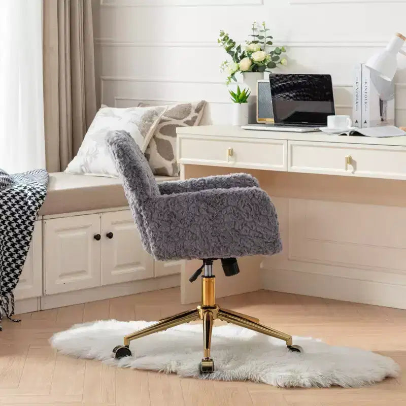 Chaise de bureau chic TUYOHW, chaise de vanité en poil de lapin artificiel, chaise de bureau pivotante à 360° avec base en métal doré, chaise d'ordinateur de 50 à 59 cm de hauteur