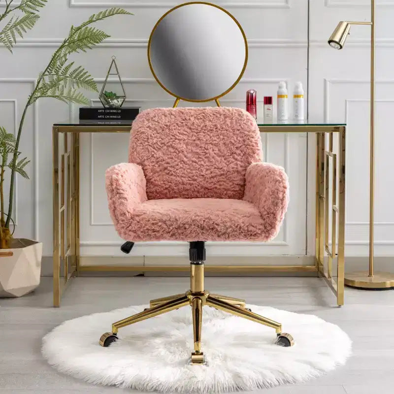 Chaise de bureau chic TUYOHW, chaise de vanité en poil de lapin artificiel, chaise de bureau pivotante à 360° avec base en métal doré, chaise d'ordinateur de 50 à 59 cm de hauteur