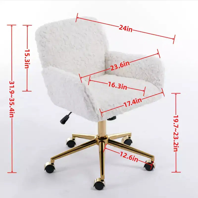 Chaise de bureau chic TUYOHW, chaise de vanité en poil de lapin artificiel, chaise de bureau pivotante à 360° avec base en métal doré, chaise d'ordinateur de 50 à 59 cm de hauteur