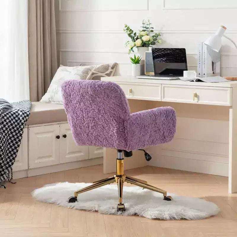 Chaise de bureau chic TUYOHW, chaise de vanité en poil de lapin artificiel, chaise de bureau pivotante à 360° avec base en métal doré, chaise d'ordinateur de 50 à 59 cm de hauteur
