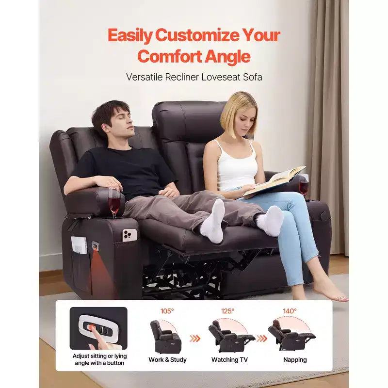 Canapé inclinable deux places VEVOR, canapé inclinable électrique avec chauffage et massage et minuterie, canapé inclinable électrique en cuir PU avec ports USB, marron
