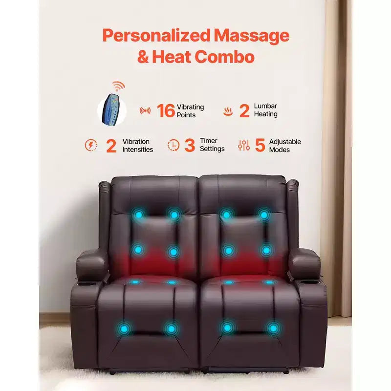 Canapé inclinable deux places VEVOR, canapé inclinable électrique avec chauffage et massage et minuterie, canapé inclinable électrique en cuir PU avec ports USB, marron