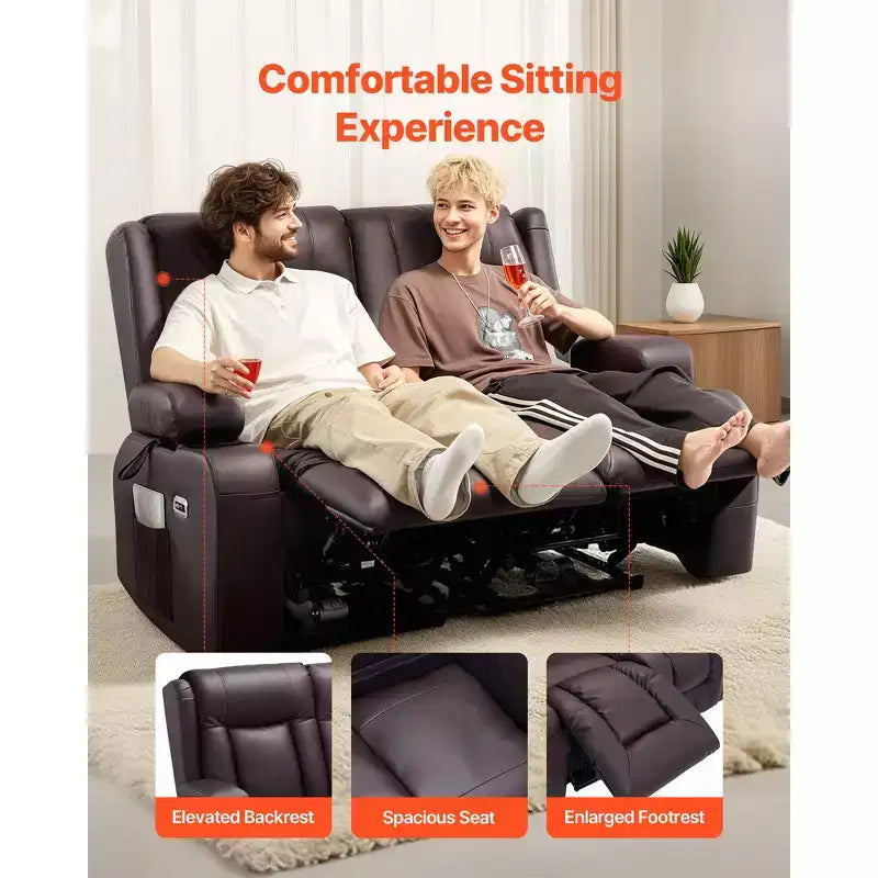 Canapé inclinable deux places VEVOR, canapé inclinable électrique avec chauffage et massage et minuterie, canapé inclinable électrique en cuir PU avec ports USB, marron