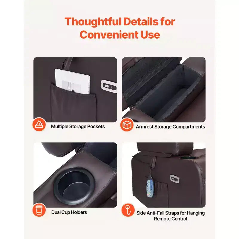 Canapé inclinable deux places VEVOR, canapé inclinable électrique avec chauffage et massage et minuterie, canapé inclinable électrique en cuir PU avec ports USB, marron