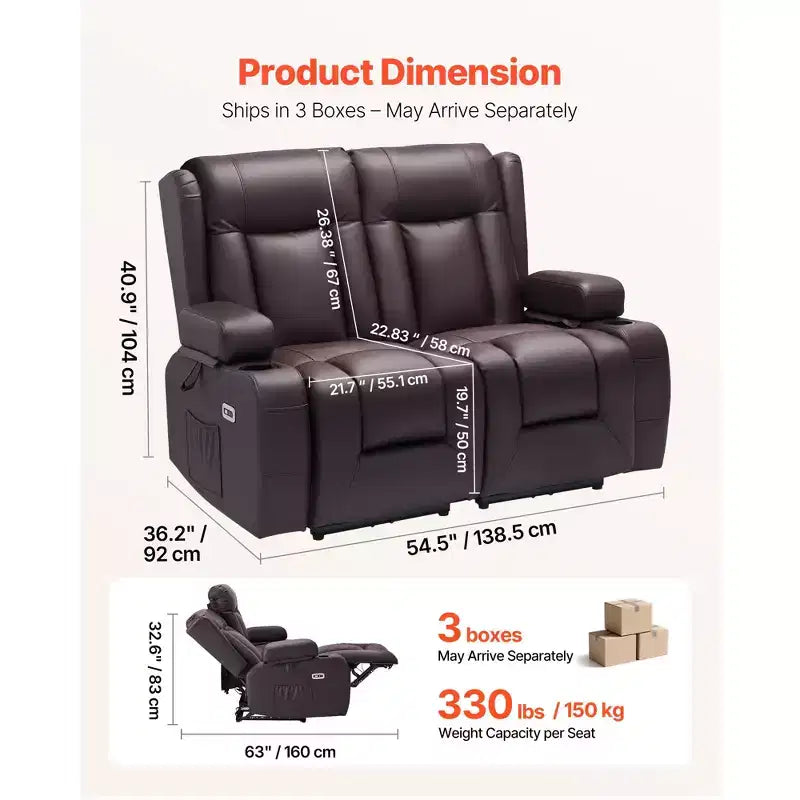Canapé inclinable deux places VEVOR, canapé inclinable électrique avec chauffage et massage et minuterie, canapé inclinable électrique en cuir PU avec ports USB, marron