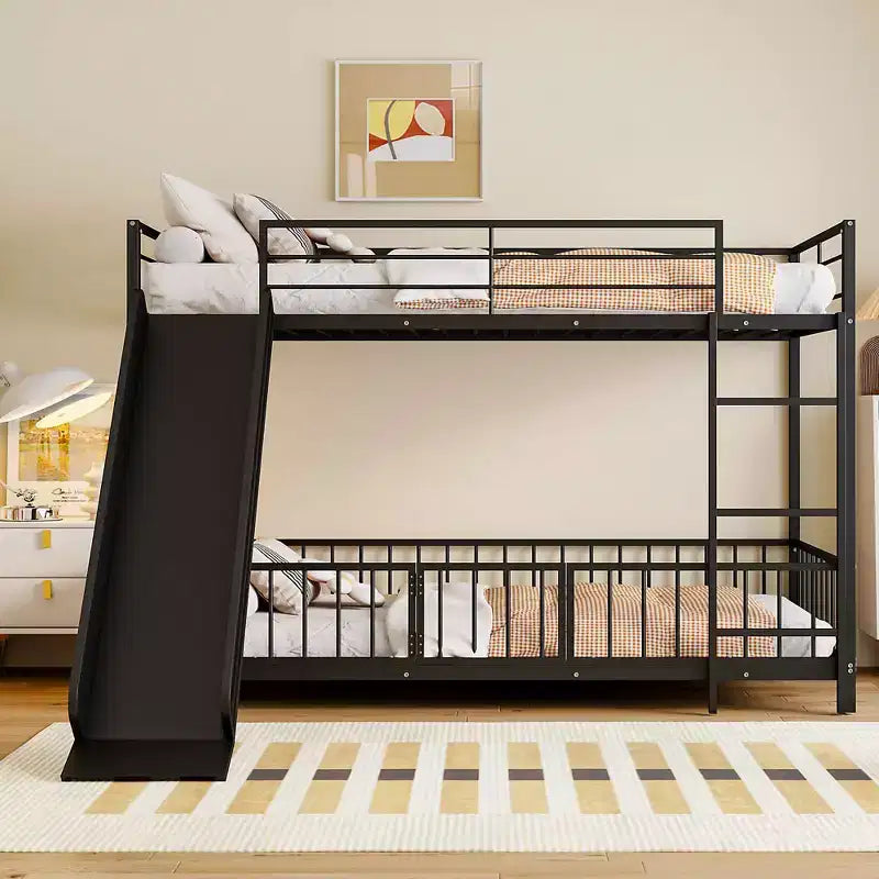 MAYEERTY Lit superposé double en métal, toboggan de sécurité, chambre d'enfant, blanc