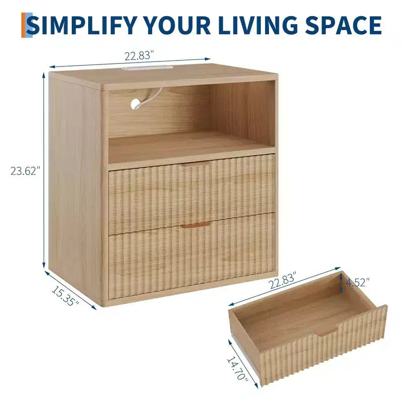 Lot de 2 tables de chevet cannelées de style campagnard - Tables d'appoint de 58,4 cm de style moderne du milieu du siècle avec station de charge (2 tiroirs, bois) pour chambre/bureau à domicile