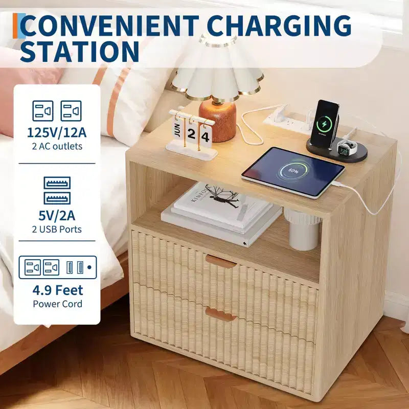 Lot de 2 tables de chevet cannelées de style campagnard - Tables d'appoint de 58,4 cm de style moderne du milieu du siècle avec station de charge (2 tiroirs, bois) pour chambre/bureau à domicile
