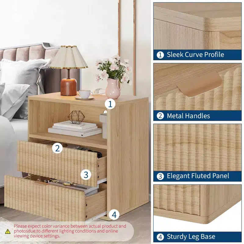 Lot de 2 tables de chevet cannelées de style campagnard - Tables d'appoint de 58,4 cm de style moderne du milieu du siècle avec station de charge (2 tiroirs, bois) pour chambre/bureau à domicile