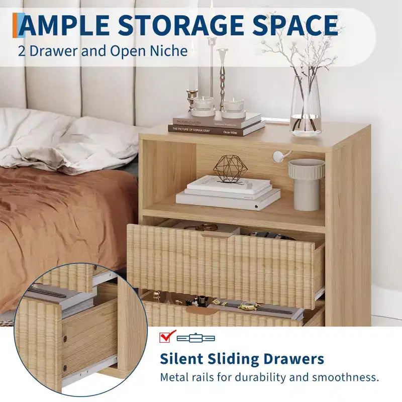 Lot de 2 tables de chevet cannelées de style campagnard - Tables d'appoint de 58,4 cm de style moderne du milieu du siècle avec station de charge (2 tiroirs, bois) pour chambre/bureau à domicile