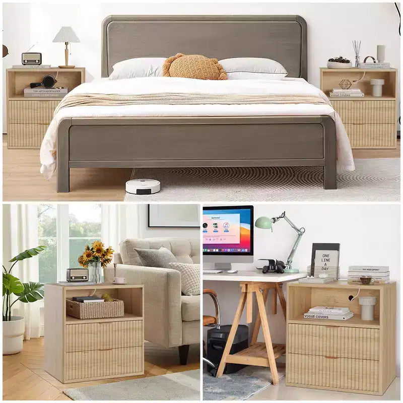 Lot de 2 tables de chevet cannelées de style campagnard - Tables d'appoint de 58,4 cm de style moderne du milieu du siècle avec station de charge (2 tiroirs, bois) pour chambre/bureau à domicile