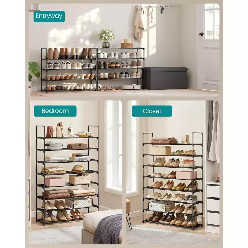 Étagère à chaussures empilable à 8 niveaux, organisateur de chaussures en métal de 92 cm avec une capacité de 10 kg par niveau, vertical et réversible pour l'entrée, noir