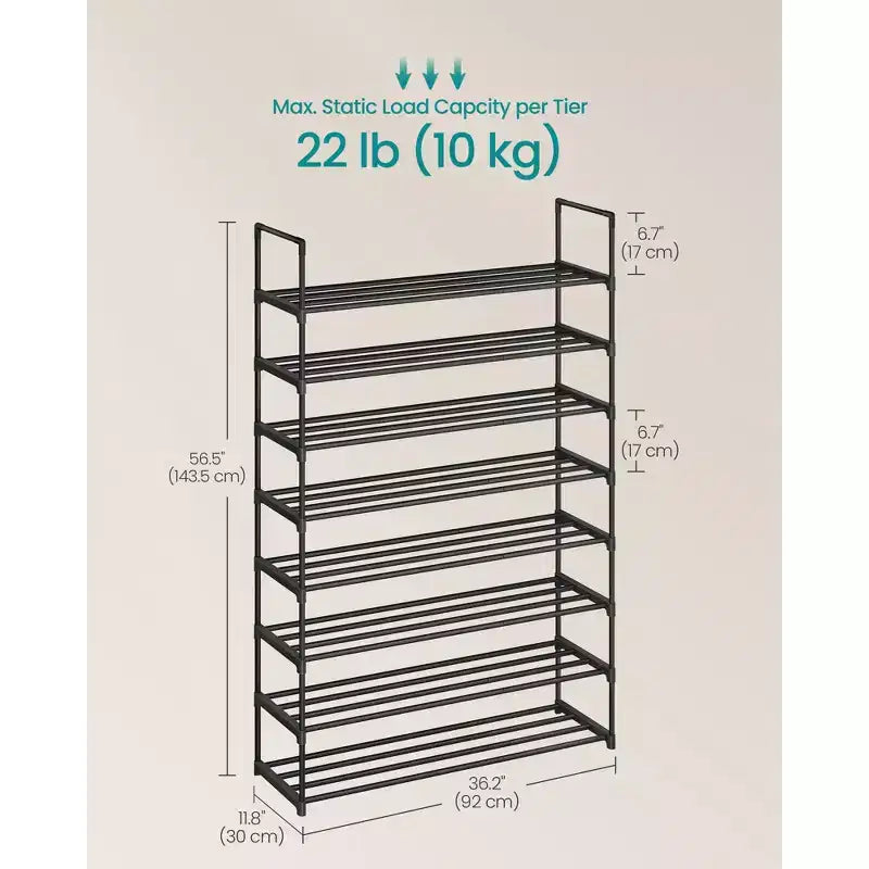 Étagère à chaussures empilable à 8 niveaux, organisateur de chaussures en métal de 92 cm avec une capacité de 10 kg par niveau, vertical et réversible pour l'entrée, noir