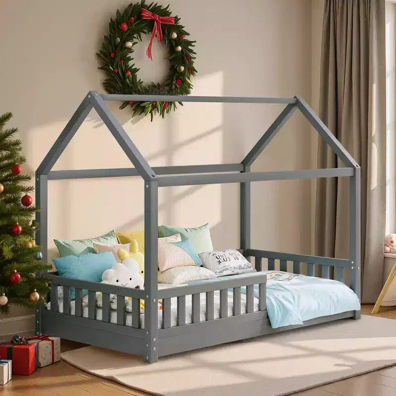 Lit cabane AMERLIFE pour enfants, taille jumeau, avec garde-corps, barrières amovibles, toit cabane, cadre de lit Montessori en bois, assemblage facile