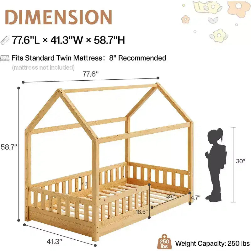 Lit cabane AMERLIFE pour enfants, taille jumeau, avec garde-corps, barrières amovibles, toit cabane, cadre de lit Montessori en bois, assemblage facile