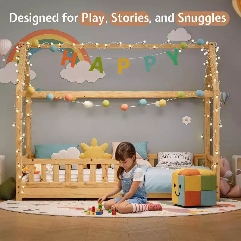 Lit cabane AMERLIFE pour enfants, taille jumeau, avec garde-corps, barrières amovibles, toit cabane, cadre de lit Montessori en bois, assemblage facile