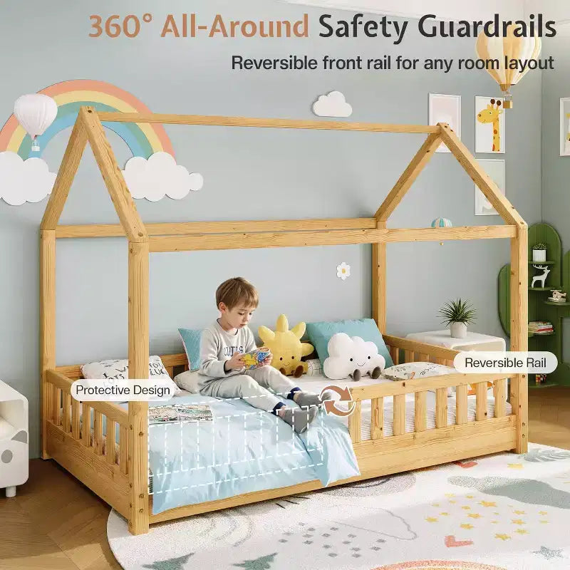 Lit cabane AMERLIFE pour enfants, taille jumeau, avec garde-corps, barrières amovibles, toit cabane, cadre de lit Montessori en bois, assemblage facile