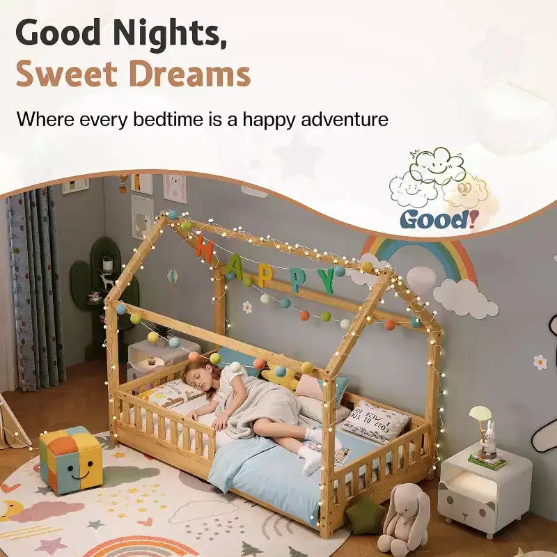 Lit cabane AMERLIFE pour enfants, taille jumeau, avec garde-corps, barrières amovibles, toit cabane, cadre de lit Montessori en bois, assemblage facile