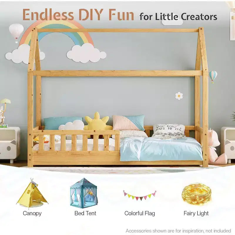 Lit cabane AMERLIFE pour enfants, taille jumeau, avec garde-corps, barrières amovibles, toit cabane, cadre de lit Montessori en bois, assemblage facile