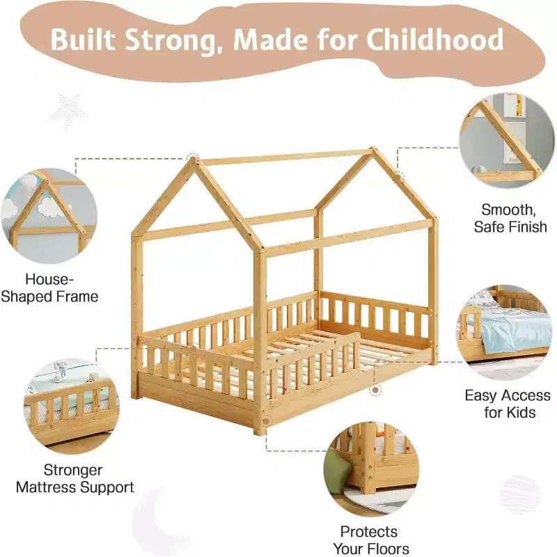 Lit cabane AMERLIFE pour enfants, taille jumeau, avec garde-corps, barrières amovibles, toit cabane, cadre de lit Montessori en bois, assemblage facile