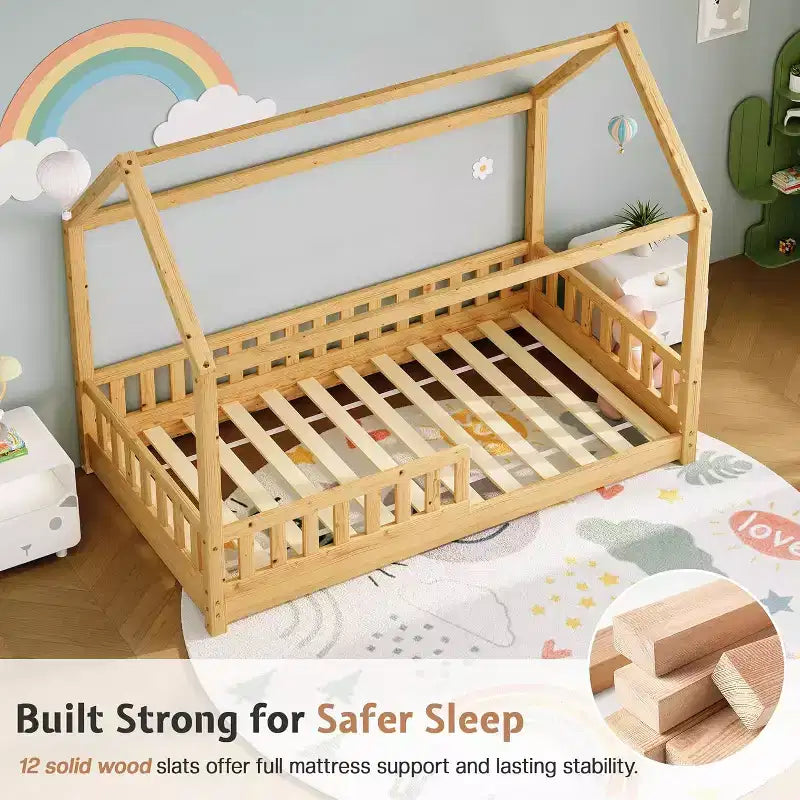 Lit cabane AMERLIFE pour enfants, taille jumeau, avec garde-corps, barrières amovibles, toit cabane, cadre de lit Montessori en bois, assemblage facile