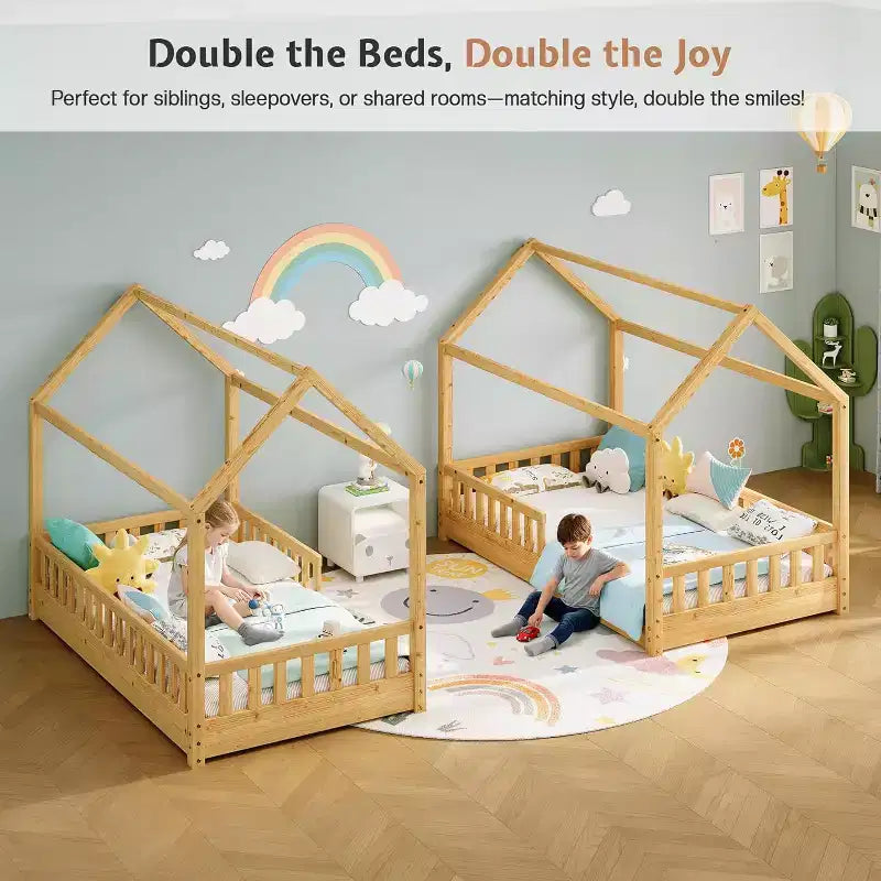 Lit cabane AMERLIFE pour enfants, taille jumeau, avec garde-corps, barrières amovibles, toit cabane, cadre de lit Montessori en bois, assemblage facile