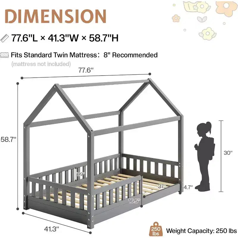 Lit cabane AMERLIFE pour enfants, taille jumeau, avec garde-corps, barrières amovibles, toit cabane, cadre de lit Montessori en bois, assemblage facile