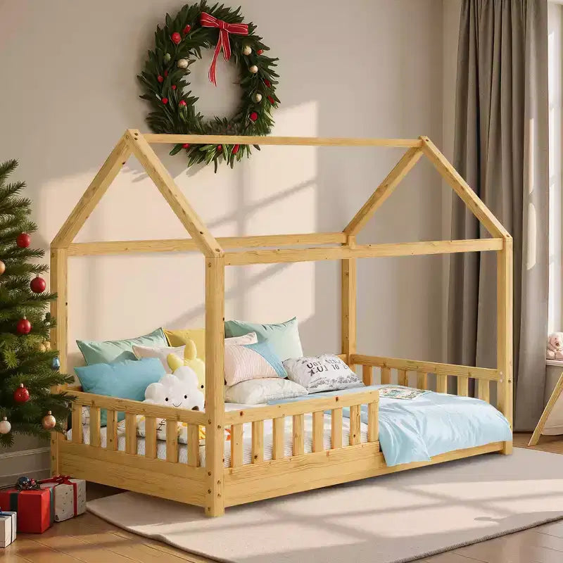 Lit cabane AMERLIFE pour enfants, taille jumeau, avec garde-corps, barrières amovibles, toit cabane, cadre de lit Montessori en bois, assemblage facile