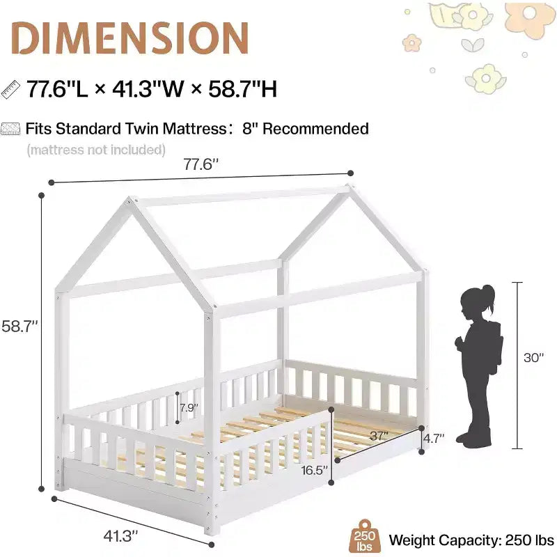Lit cabane AMERLIFE pour enfants, taille jumeau, avec garde-corps, barrières amovibles, toit cabane, cadre de lit Montessori en bois, assemblage facile