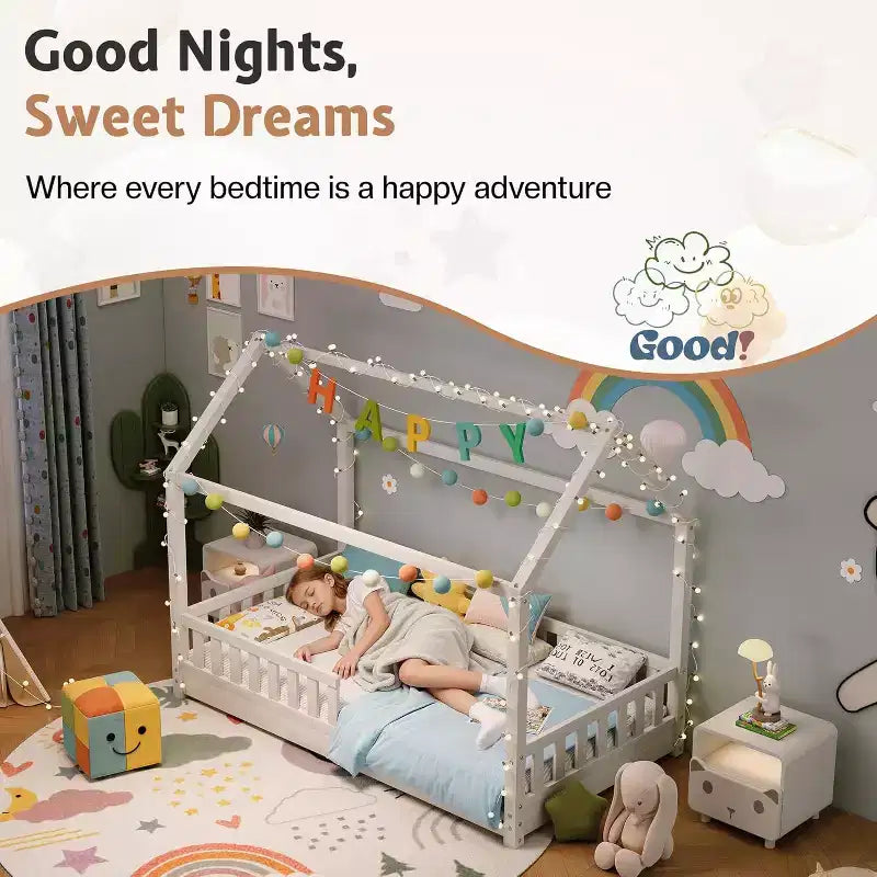 Lit cabane AMERLIFE pour enfants, taille jumeau, avec garde-corps, barrières amovibles, toit cabane, cadre de lit Montessori en bois, assemblage facile