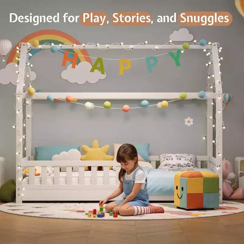 Lit cabane AMERLIFE pour enfants, taille jumeau, avec garde-corps, barrières amovibles, toit cabane, cadre de lit Montessori en bois, assemblage facile