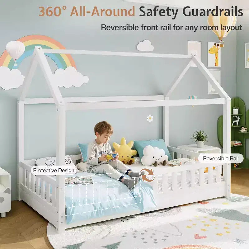 Lit cabane AMERLIFE pour enfants, taille jumeau, avec garde-corps, barrières amovibles, toit cabane, cadre de lit Montessori en bois, assemblage facile