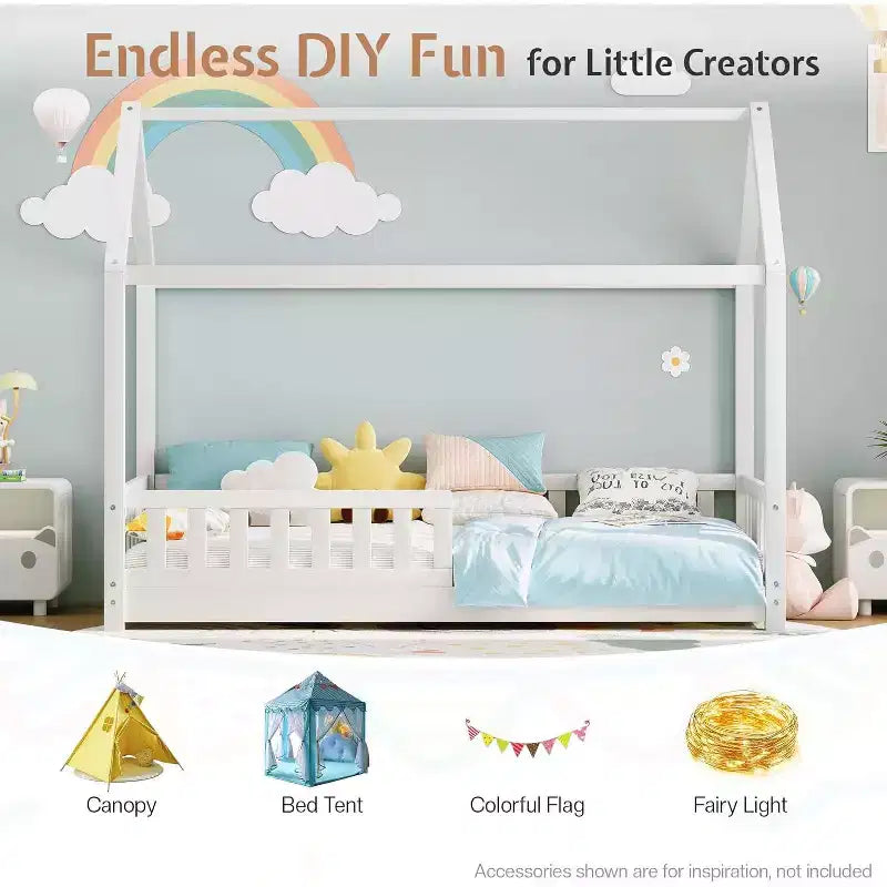 Lit cabane AMERLIFE pour enfants, taille jumeau, avec garde-corps, barrières amovibles, toit cabane, cadre de lit Montessori en bois, assemblage facile