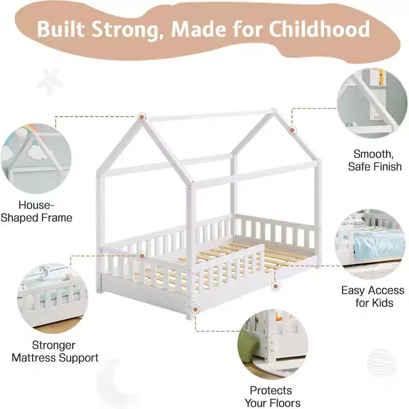 Lit cabane AMERLIFE pour enfants, taille jumeau, avec garde-corps, barrières amovibles, toit cabane, cadre de lit Montessori en bois, assemblage facile