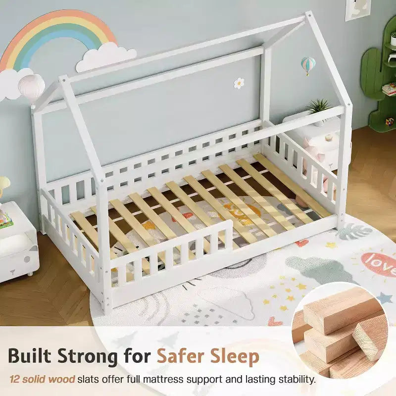 Lit cabane AMERLIFE pour enfants, taille jumeau, avec garde-corps, barrières amovibles, toit cabane, cadre de lit Montessori en bois, assemblage facile