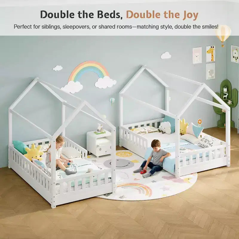 Lit cabane AMERLIFE pour enfants, taille jumeau, avec garde-corps, barrières amovibles, toit cabane, cadre de lit Montessori en bois, assemblage facile