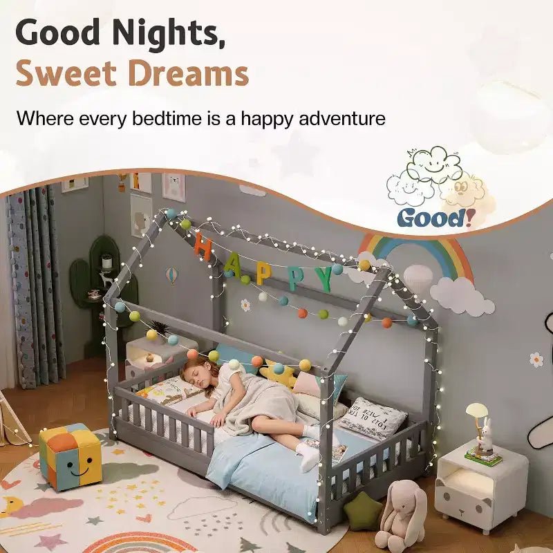 Lit cabane AMERLIFE pour enfants, taille jumeau, avec garde-corps, barrières amovibles, toit cabane, cadre de lit Montessori en bois, assemblage facile