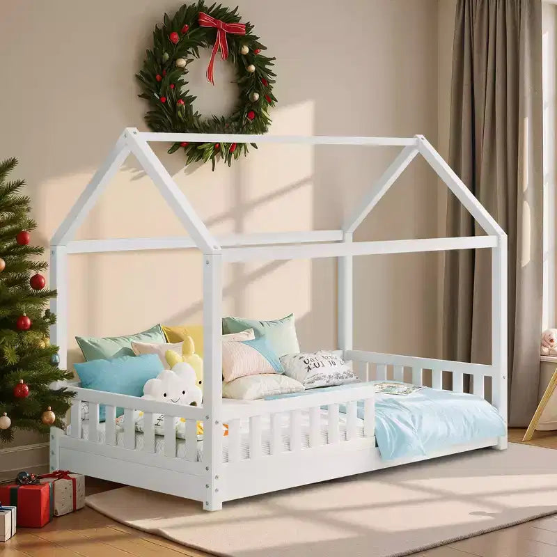 Lit cabane AMERLIFE pour enfants, taille jumeau, avec garde-corps, barrières amovibles, toit cabane, cadre de lit Montessori en bois, assemblage facile