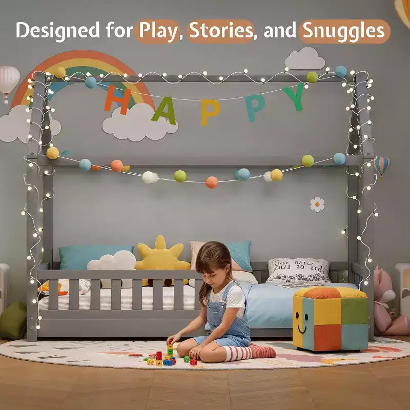Lit cabane AMERLIFE pour enfants, taille jumeau, avec garde-corps, barrières amovibles, toit cabane, cadre de lit Montessori en bois, assemblage facile