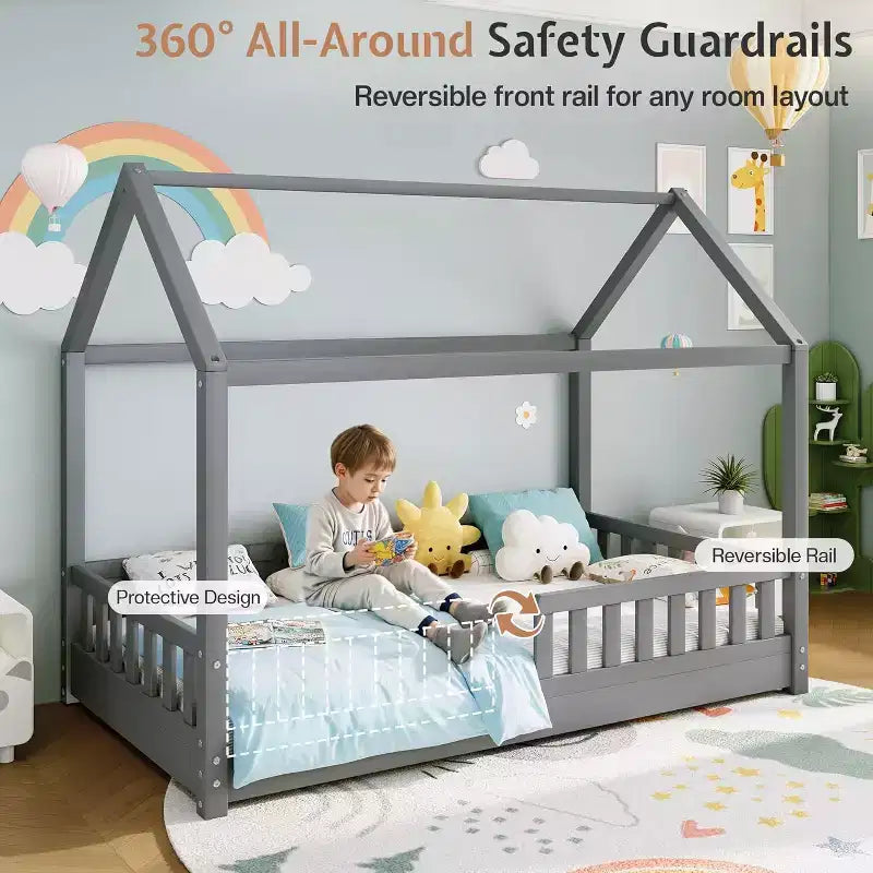 Lit cabane AMERLIFE pour enfants, taille jumeau, avec garde-corps, barrières amovibles, toit cabane, cadre de lit Montessori en bois, assemblage facile
