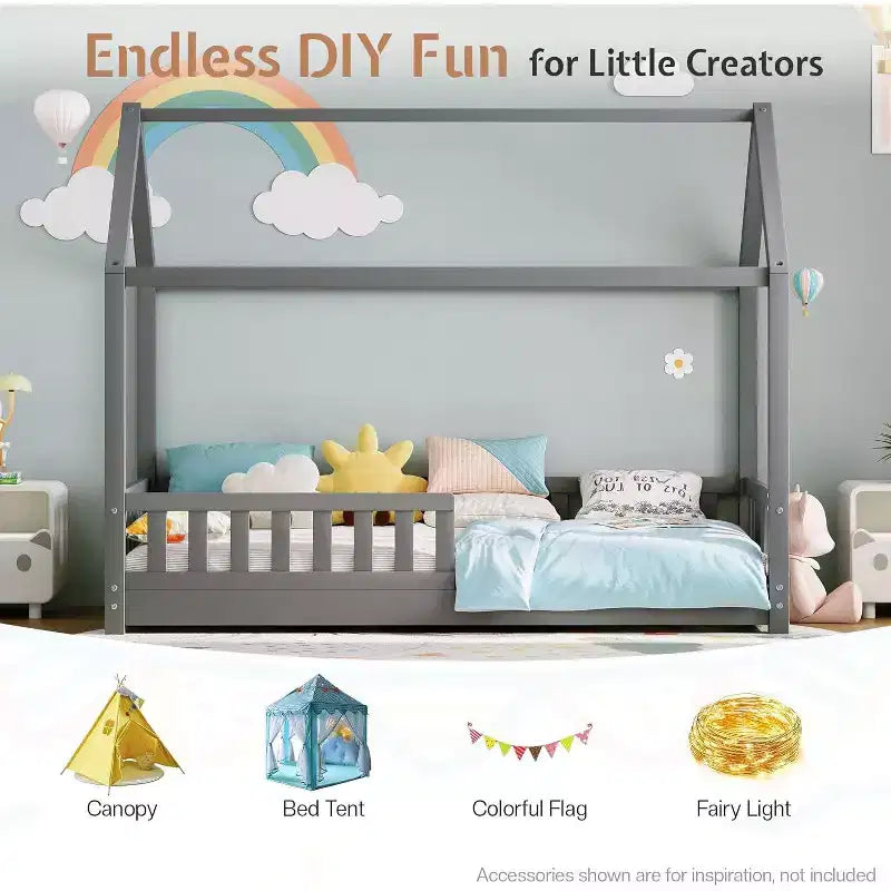 Lit cabane AMERLIFE pour enfants, taille jumeau, avec garde-corps, barrières amovibles, toit cabane, cadre de lit Montessori en bois, assemblage facile