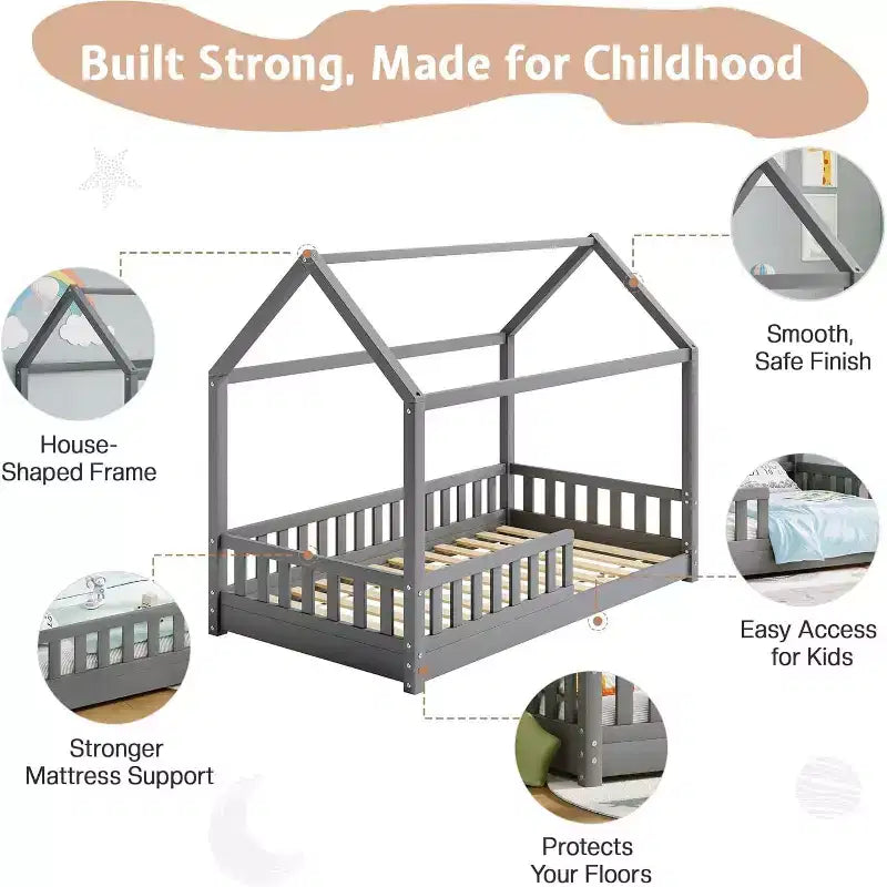 Lit cabane AMERLIFE pour enfants, taille jumeau, avec garde-corps, barrières amovibles, toit cabane, cadre de lit Montessori en bois, assemblage facile