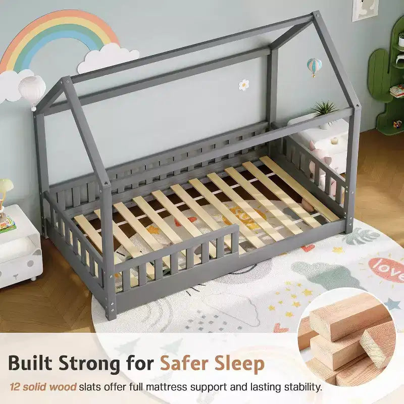 Lit cabane AMERLIFE pour enfants, taille jumeau, avec garde-corps, barrières amovibles, toit cabane, cadre de lit Montessori en bois, assemblage facile