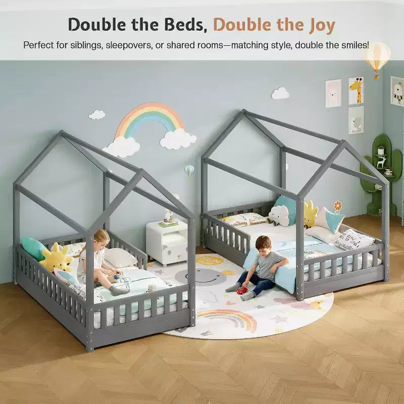 Lit cabane AMERLIFE pour enfants, taille jumeau, avec garde-corps, barrières amovibles, toit cabane, cadre de lit Montessori en bois, assemblage facile