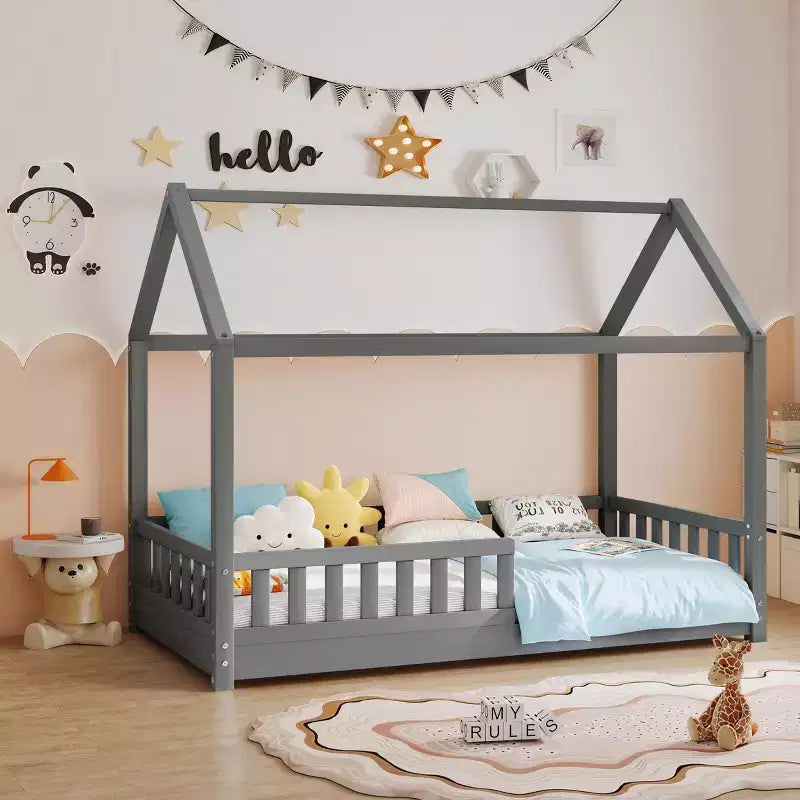 AMERLIFE Twin Size House Bed for Kids with Guardrails, Removable Rails, Playhouse Roof, Montessori Wooden Floor Bed Frame, Easy Assembly